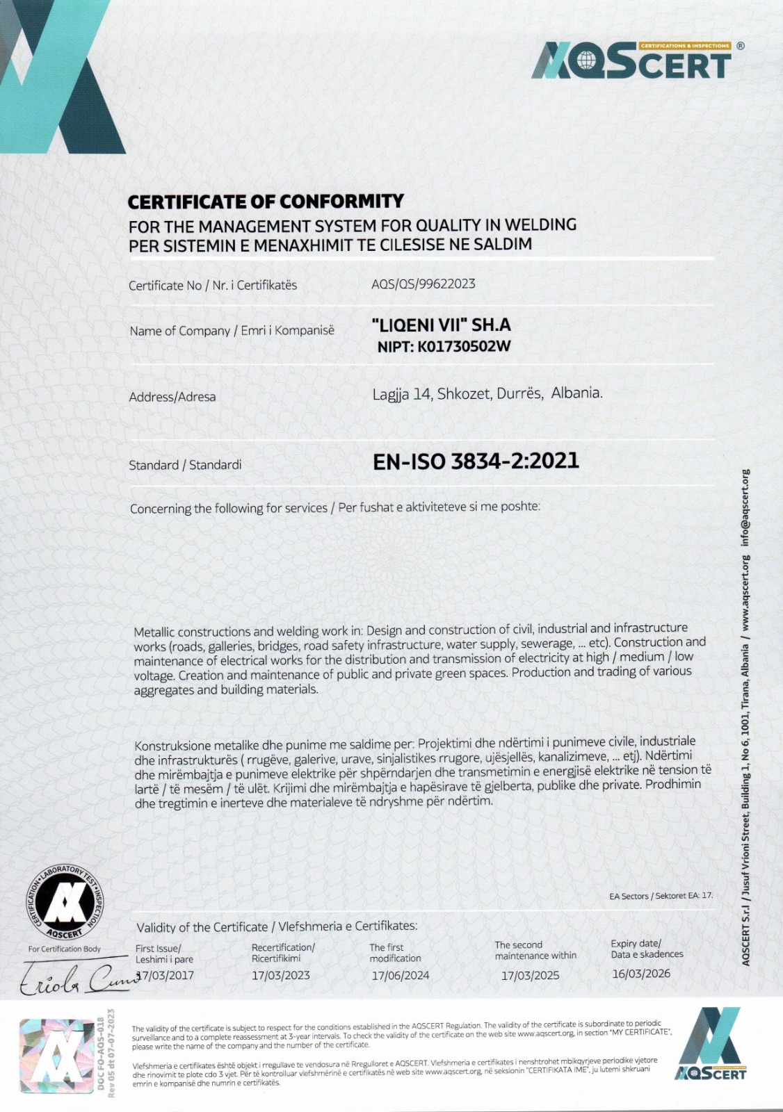 Certifikatë ISO